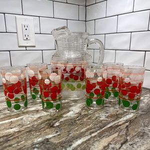 Vintage Hazel Atlas Clear Pitcher & 6 Glasses Stripes Polka Dots Red Green White
